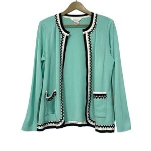 Misook Turquoise Black Open Front Cardigan Size Medium Business Preppy